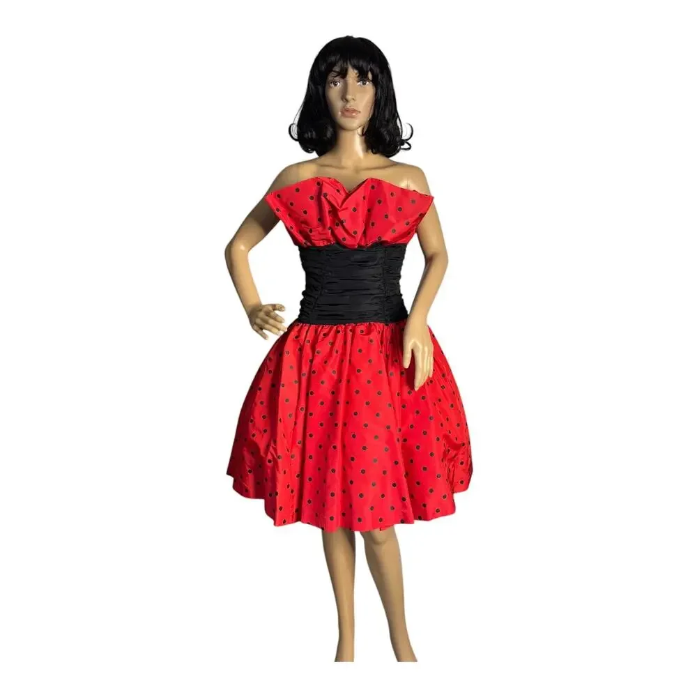 1980s Vintage Red Black Polka Dot Strapless Party Dress XS